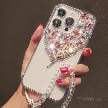 Heart Rhinestone Faux Pearl Phone Case with Strap
