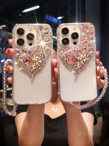 Heart Rhinestone Faux Pearl Phone Case with Strap
