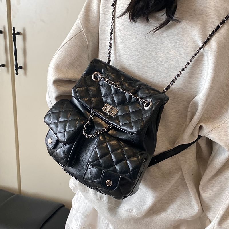 Chain Faux Strap Quilted Leather Backpack