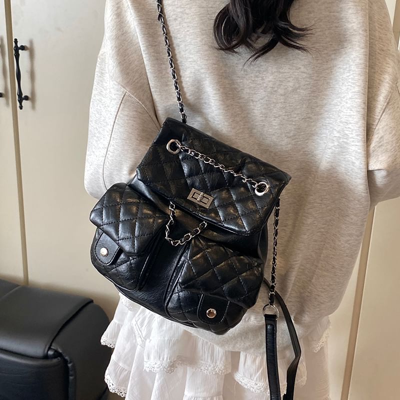 Chain Faux Strap Quilted Leather Backpack