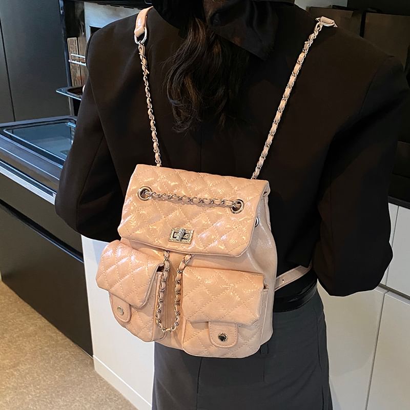 Chain Faux Strap Quilted Leather Backpack