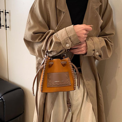 Drawstring Bag Leather Faux Applique Bucket