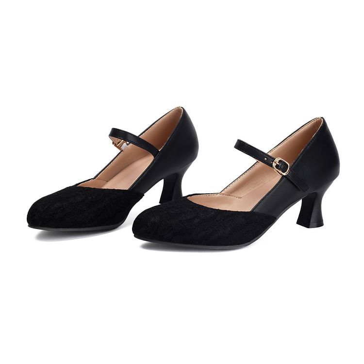 Mary Heel Panel Pumps Lace High Buckled Jane