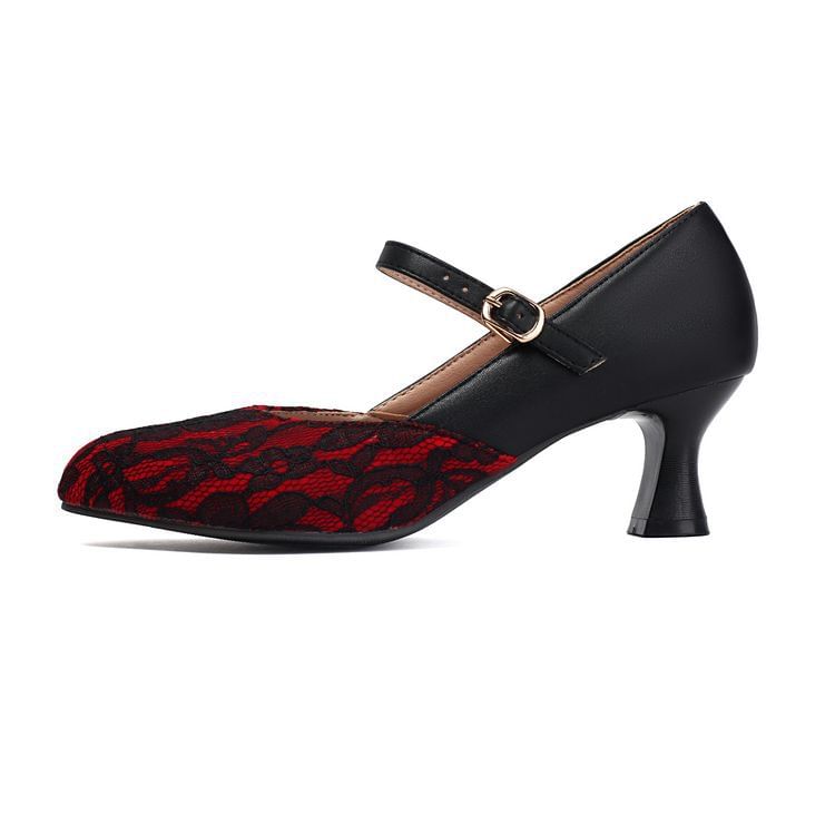 Mary Heel Panel Pumps Lace High Buckled Jane