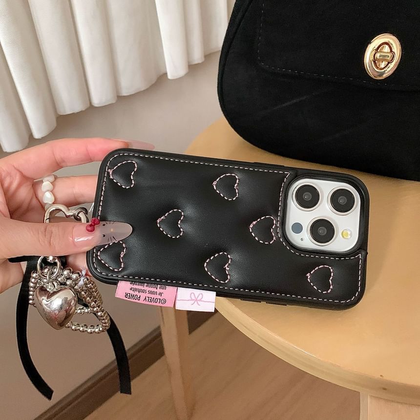 Heart Embroidered Faux Leather Phone Case