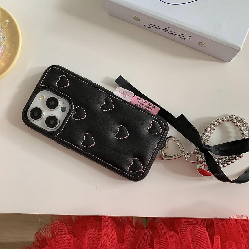 Heart Embroidered Faux Leather Phone Case