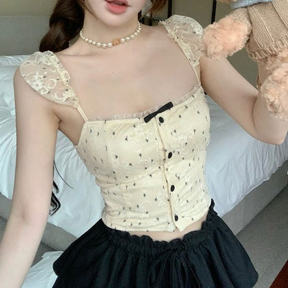 Top Camisole Cropped Lace Floral Bow