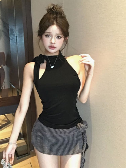 Pencil Flower Waist Low / Skirt Top Mini Halter Detail Mock Neck Plain