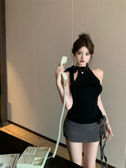 Pencil Flower Waist Low / Skirt Top Mini Halter Detail Mock Neck Plain