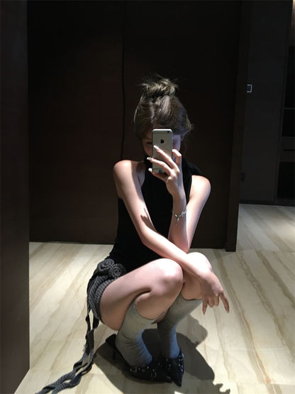 Pencil Flower Waist Low / Skirt Top Mini Halter Detail Mock Neck Plain