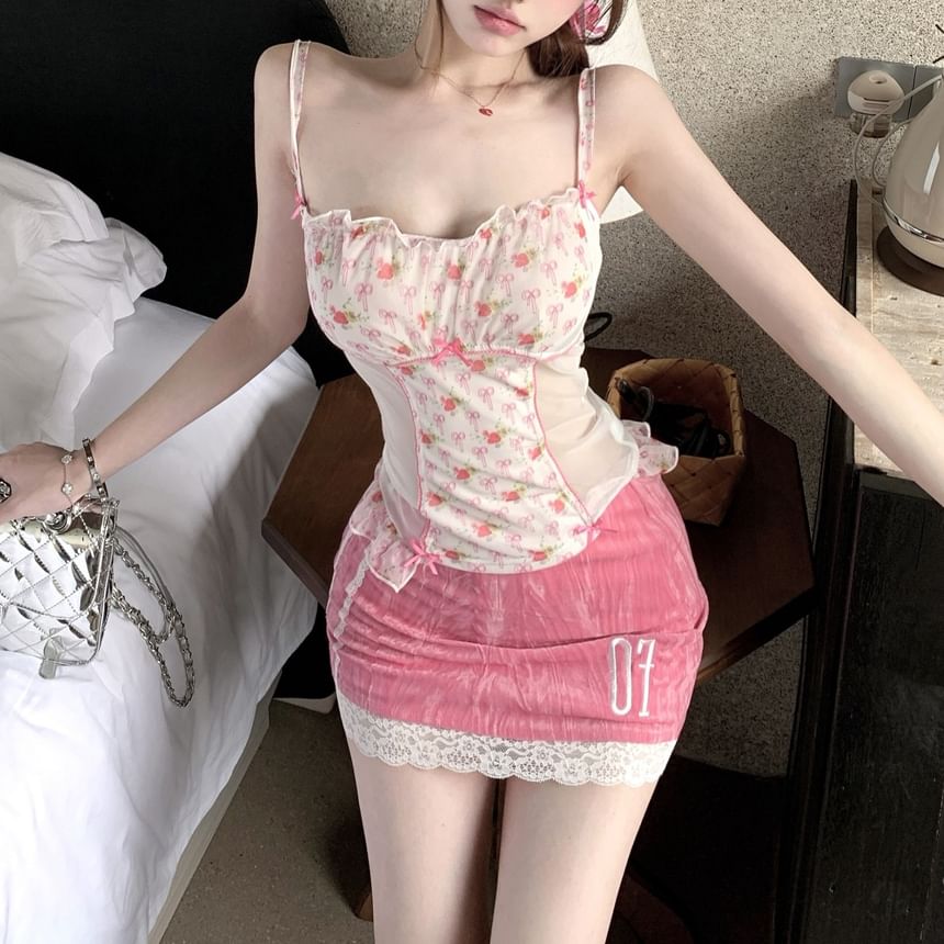 / Panel Print High Mini Patterned Bow Rise Lace Ruffle Top Floral Pencil Camisole Trim Skirt Mest
