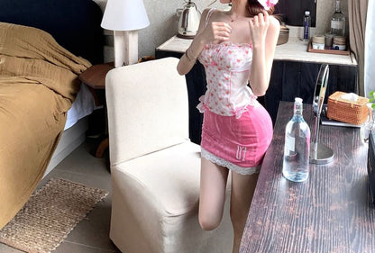 / Panel Print High Mini Patterned Bow Rise Lace Ruffle Top Floral Pencil Camisole Trim Skirt Mest