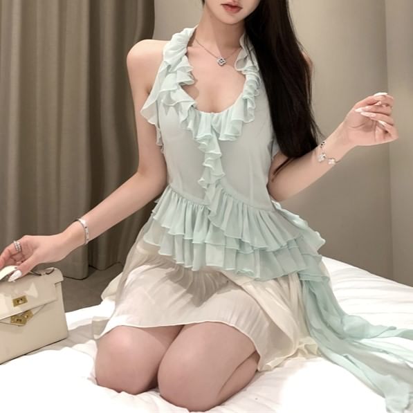 / Mini Rise Top Plain Asymmetrical Ruffle Scoop A-Line Neck High Halter Skirt
