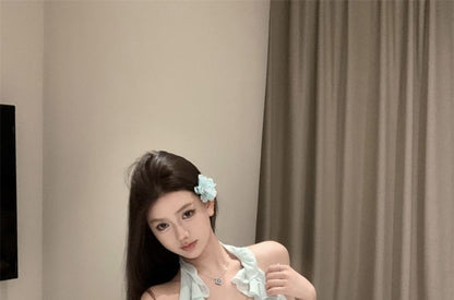 / Mini Rise Top Plain Asymmetrical Ruffle Scoop A-Line Neck High Halter Skirt