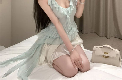 / Mini Rise Top Plain Asymmetrical Ruffle Scoop A-Line Neck High Halter Skirt