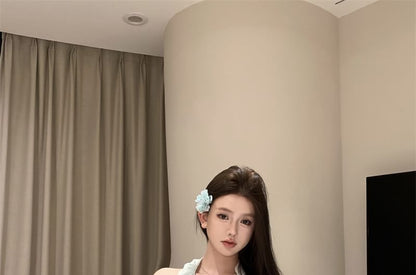 / Mini Rise Top Plain Asymmetrical Ruffle Scoop A-Line Neck High Halter Skirt