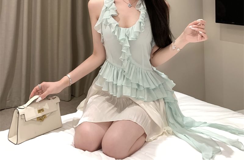 / Mini Rise Top Plain Asymmetrical Ruffle Scoop A-Line Neck High Halter Skirt