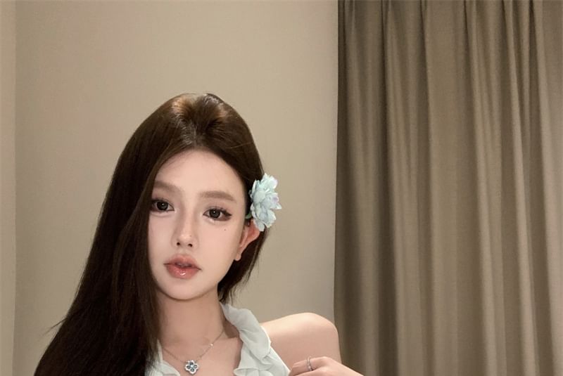 / Mini Rise Top Plain Asymmetrical Ruffle Scoop A-Line Neck High Halter Skirt