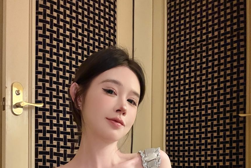 Tube Lace Lace-Up Panel Top Striped Denim