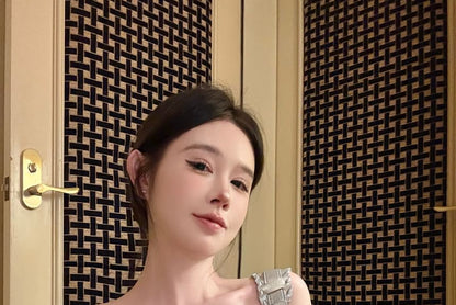 Tube Lace Lace-Up Panel Top Striped Denim