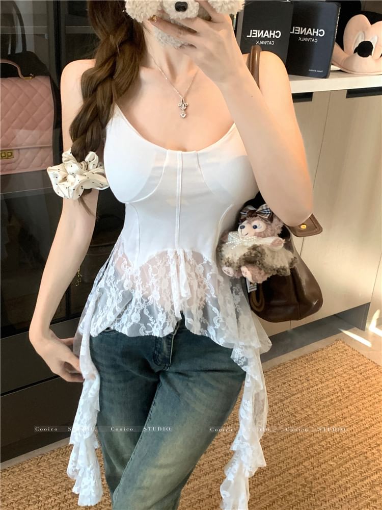 Plain Top Asymmetrical Scoop Neck Lace Camisole Trim