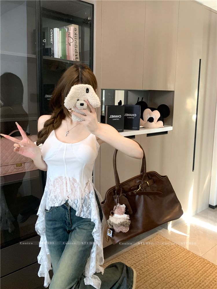 Plain Top Asymmetrical Scoop Neck Lace Camisole Trim