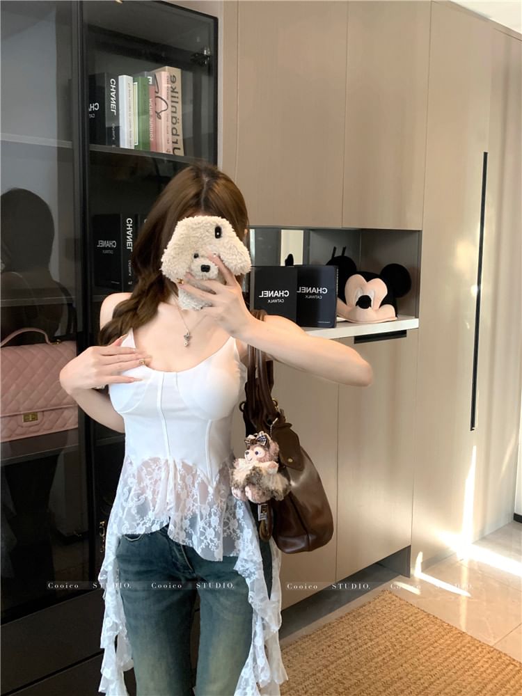 Plain Top Asymmetrical Scoop Neck Lace Camisole Trim