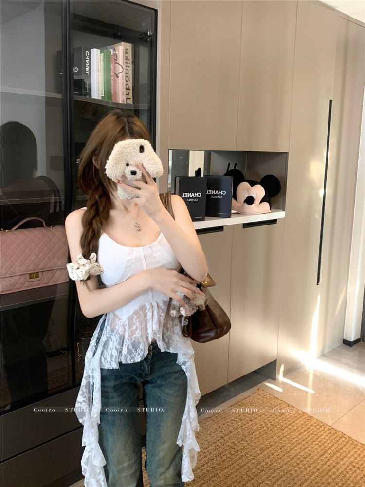 Plain Top Asymmetrical Scoop Neck Lace Camisole Trim