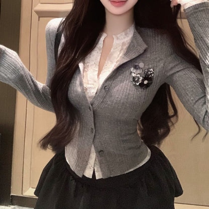 Fit Plain Lace Ribbed Mock Trim Cardigan Slim Two-Piece