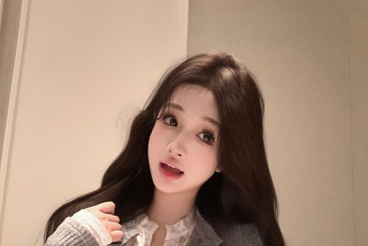 Fit Plain Lace Ribbed Mock Trim Cardigan Slim Two-Piece