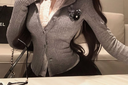 Fit Plain Lace Ribbed Mock Trim Cardigan Slim Two-Piece