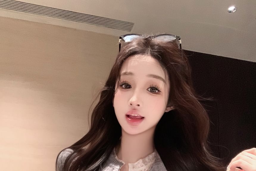 Fit Plain Lace Ribbed Mock Trim Cardigan Slim Two-Piece