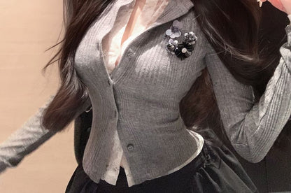 Fit Plain Lace Ribbed Mock Trim Cardigan Slim Two-Piece