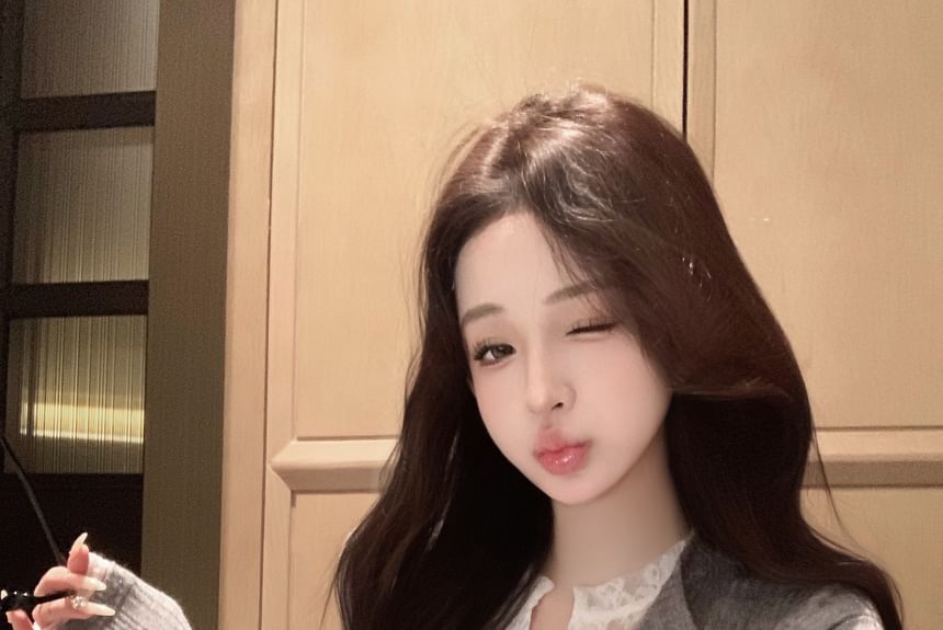 Fit Plain Lace Ribbed Mock Trim Cardigan Slim Two-Piece