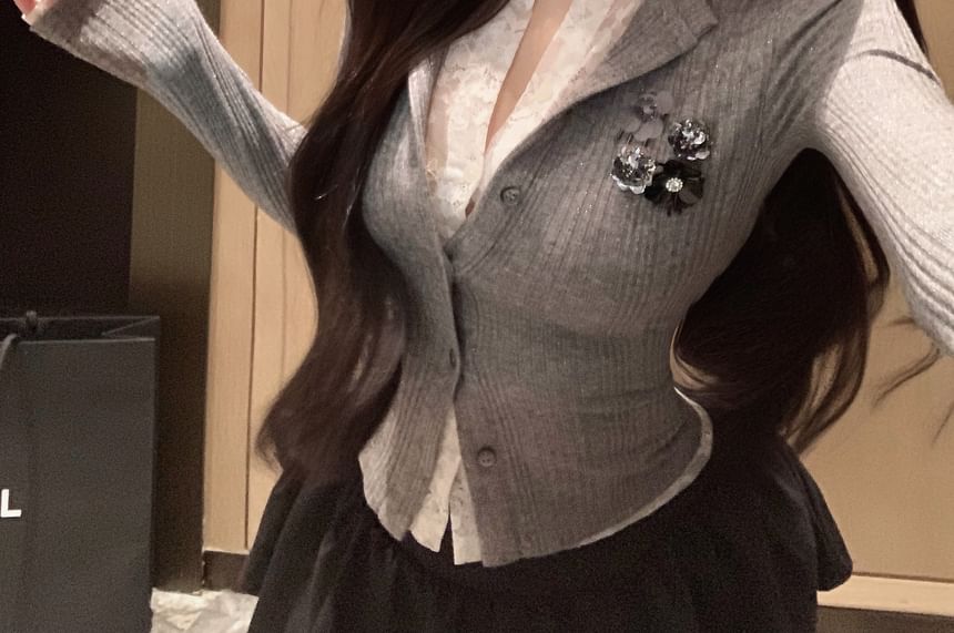 Fit Plain Lace Ribbed Mock Trim Cardigan Slim Two-Piece