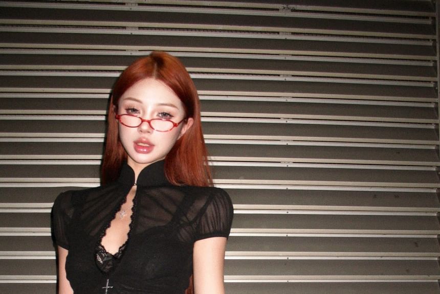 Stand Skirt Bra Crop / Lace Blouse Rise Collar A-Line Puff-Sleeve Mini Mid