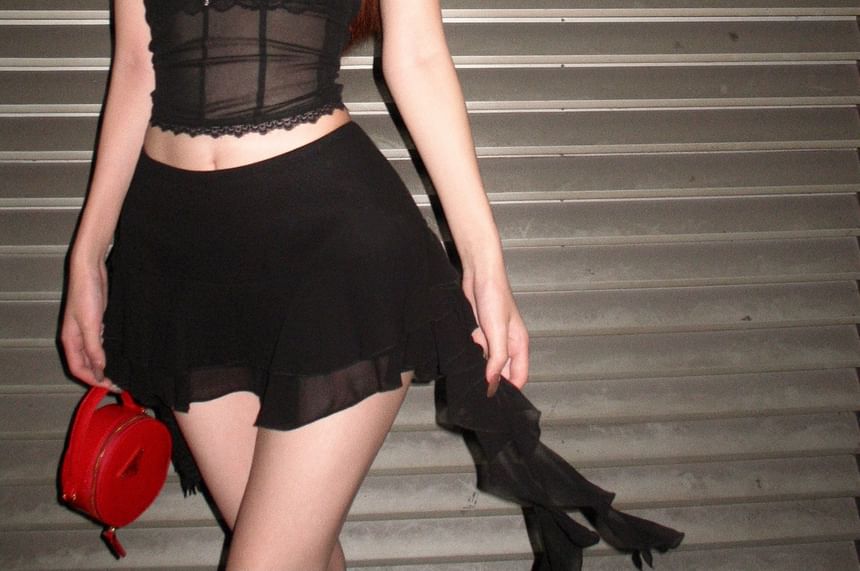 Stand Skirt Bra Crop / Lace Blouse Rise Collar A-Line Puff-Sleeve Mini Mid