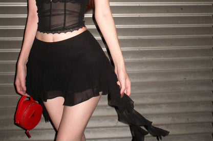 Stand Skirt Bra Crop / Lace Blouse Rise Collar A-Line Puff-Sleeve Mini Mid