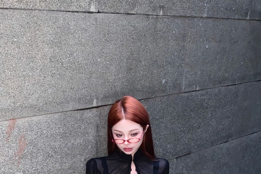 Stand Skirt Bra Crop / Lace Blouse Rise Collar A-Line Puff-Sleeve Mini Mid