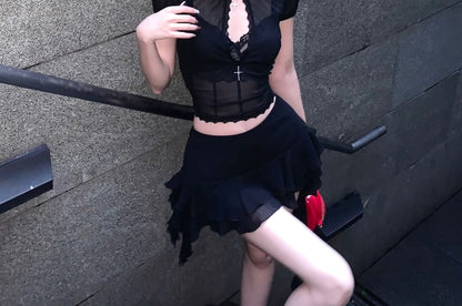 Stand Skirt Bra Crop / Lace Blouse Rise Collar A-Line Puff-Sleeve Mini Mid