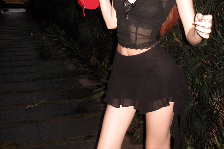 Stand Skirt Bra Crop / Lace Blouse Rise Collar A-Line Puff-Sleeve Mini Mid