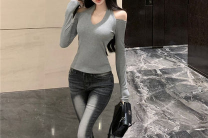 Plain Tee Long-Sleeve Cold-Shoulder