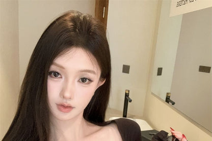 T-Shirt Plain Long-Sleeve Cold-Shoulder Lace-Up