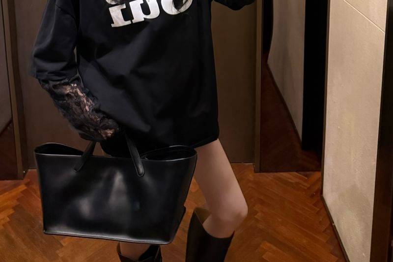 Panel Two-Piece Crew Lace Tee Long-Sleeve Neck Mock Lettering