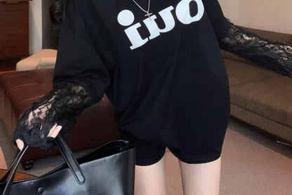 Panel Two-Piece Crew Lace Tee Long-Sleeve Neck Mock Lettering