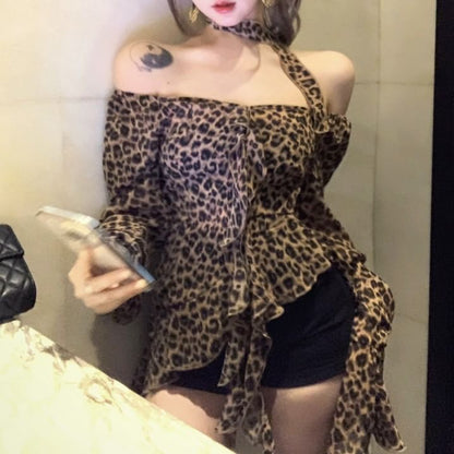Leopard Asymmetrical Print Long-Sleeve Blouse Ruffled Choker-Neck