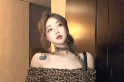 Leopard Asymmetrical Print Long-Sleeve Blouse Ruffled Choker-Neck