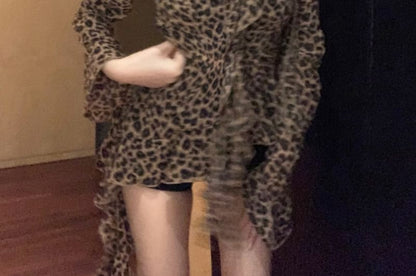 Leopard Asymmetrical Print Long-Sleeve Blouse Ruffled Choker-Neck