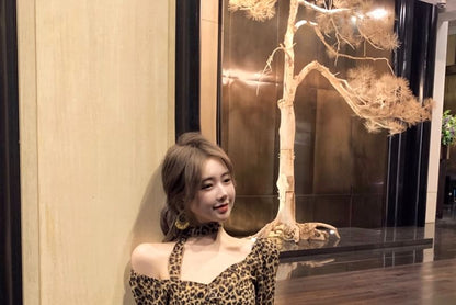 Leopard Asymmetrical Print Long-Sleeve Blouse Ruffled Choker-Neck