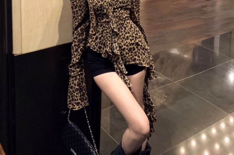 Leopard Asymmetrical Print Long-Sleeve Blouse Ruffled Choker-Neck